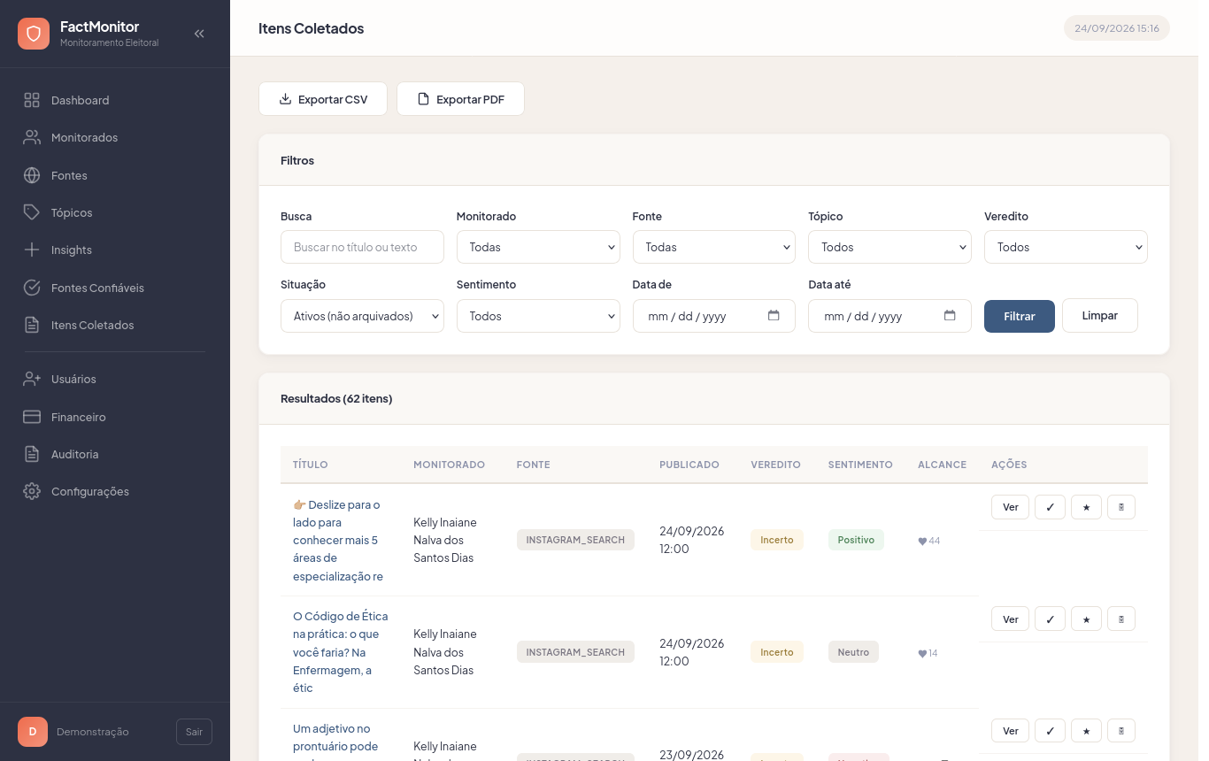 Lista de itens coletados com filtros