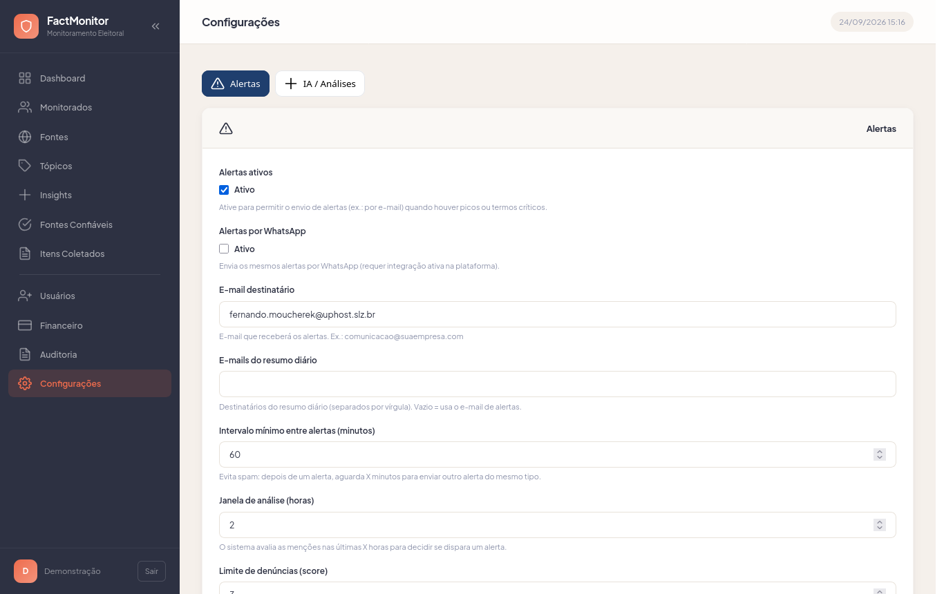 Tela de configurações